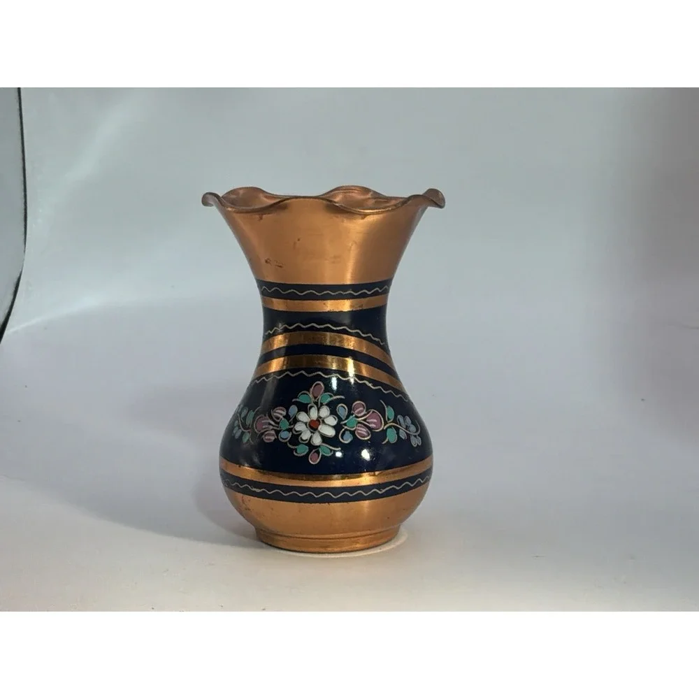 Vintage Copper Vase‎ Hand Painted Floral 4